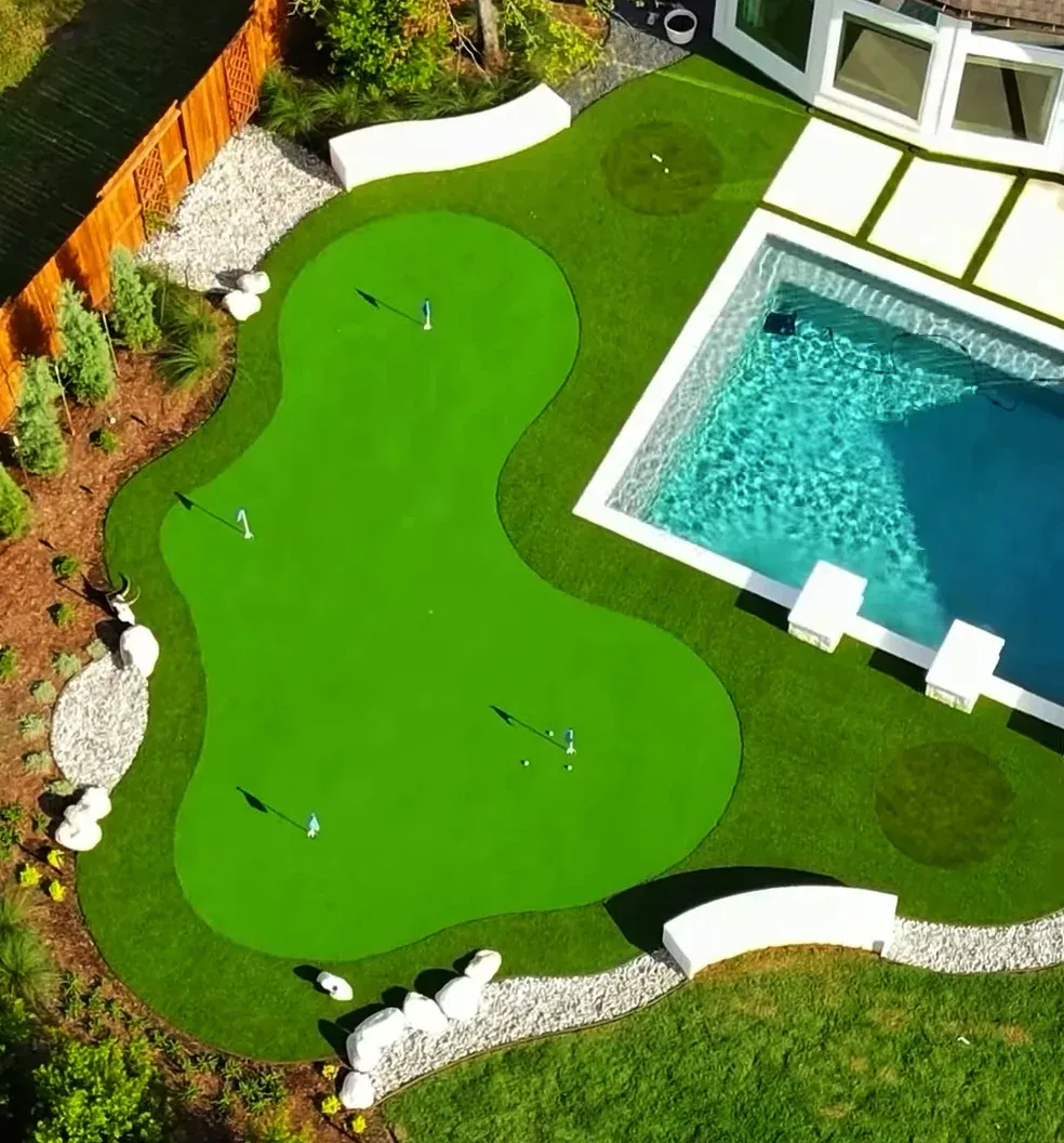 An overhead view of a kidney-shaped practice green beside the pool and spa