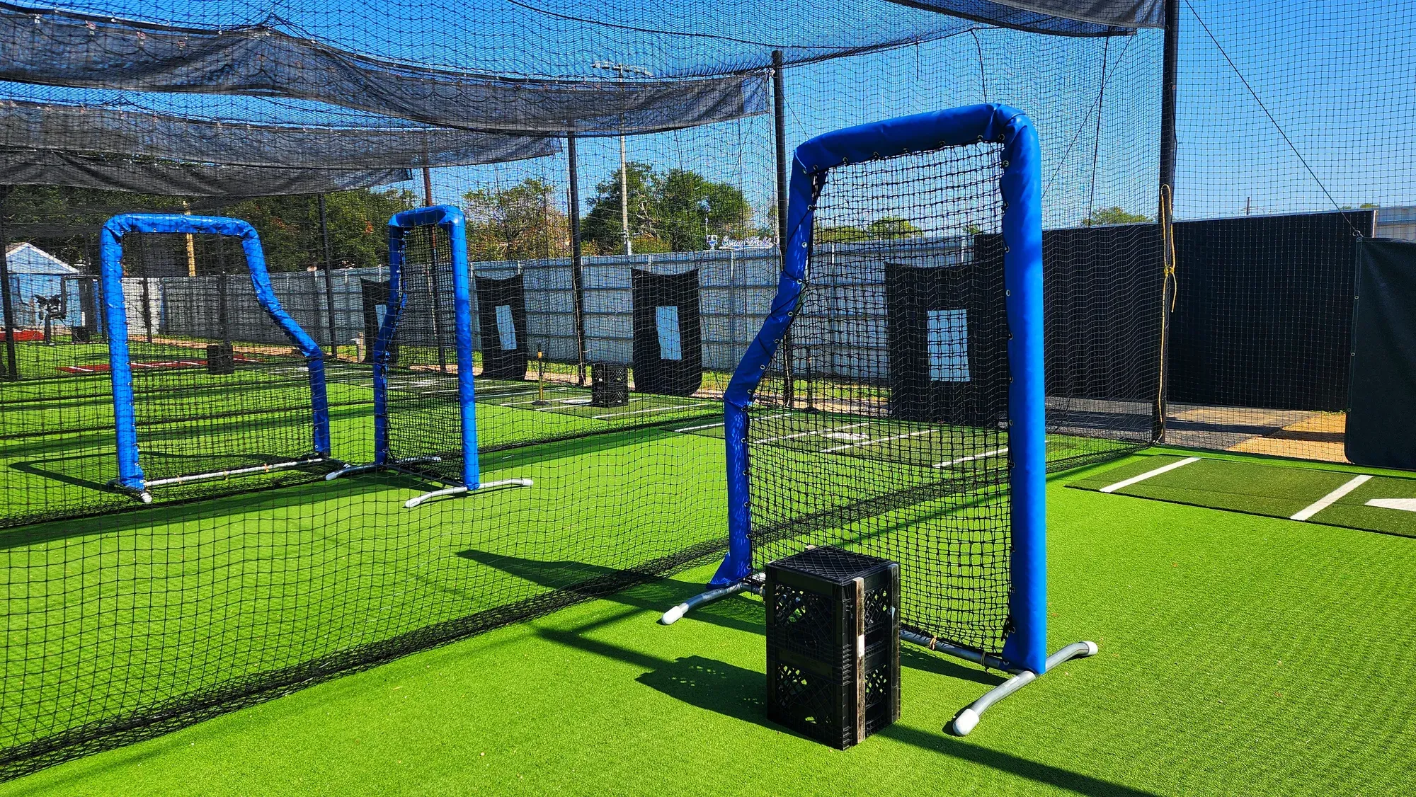 Outdoor batting cage complex floored in artificial turf, with padded blue L-screens and marked home plates under the netting