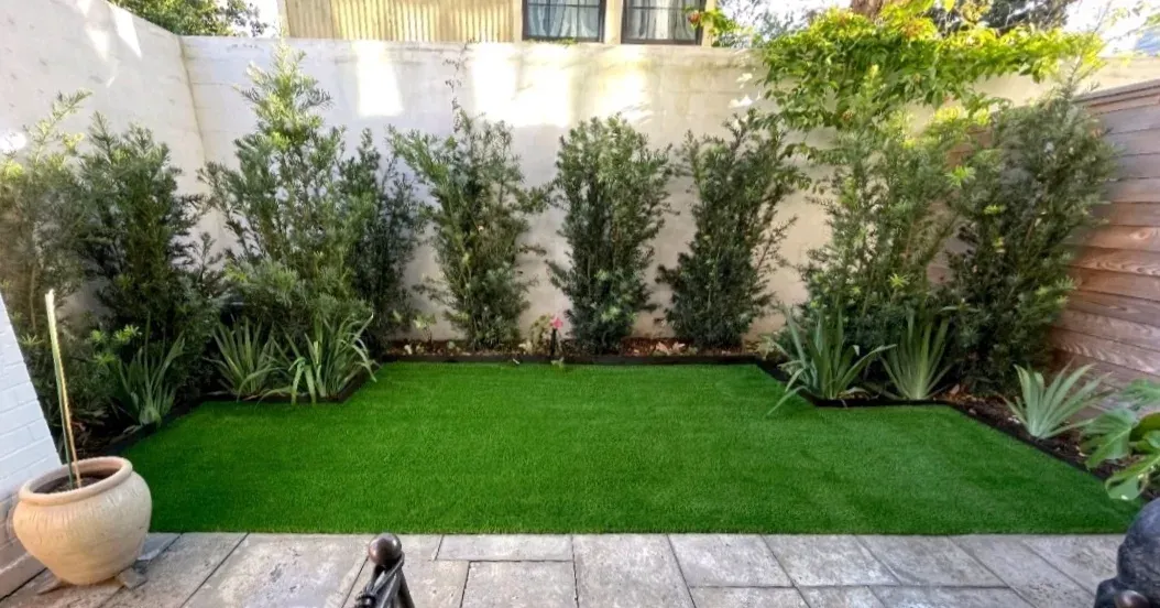 A small enclosed courtyard lawn of artificial turf framed by clipped shrubs and a paved edge