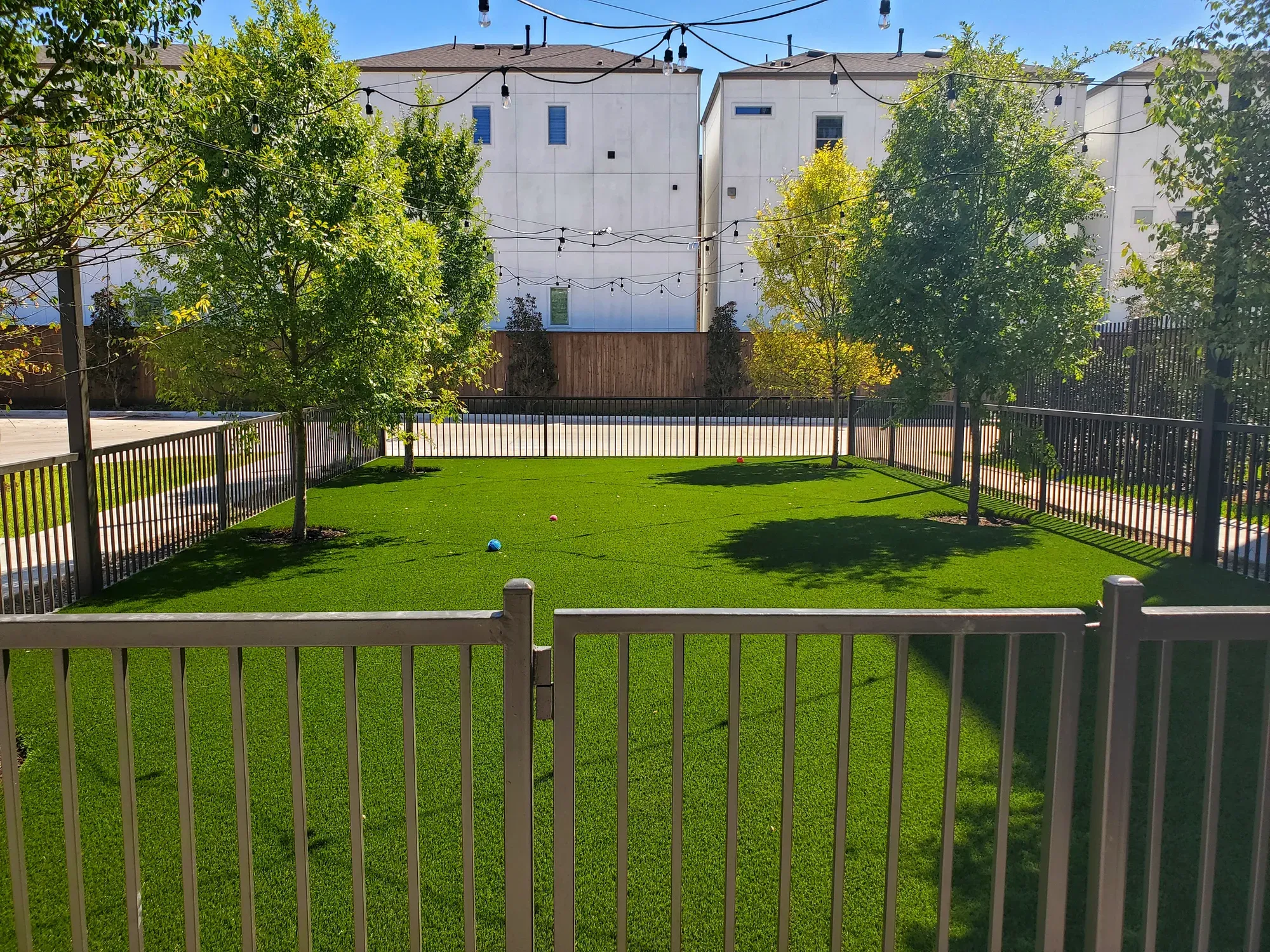 A fenced residents' dog lawn in artificial turf, planted with young trees between apartment buildings